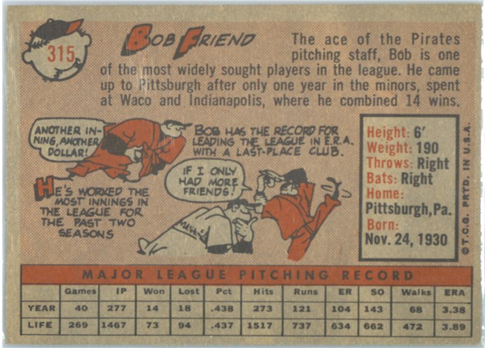 1958 Topps #315 Bob Friend, Pittsburgh Pirates card back
