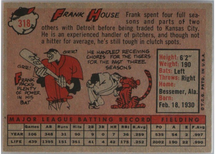 1958 Topps #318 Frank House, Kansas City Athletics card back