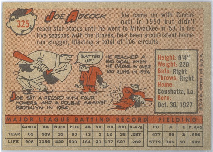 1958 Topps #325 Joe Adcock, Milwaukee Braves card back