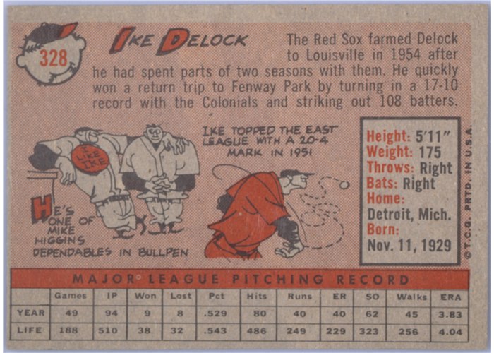 1958 Topps #328 Ike Delock, Boston Red Sox card back