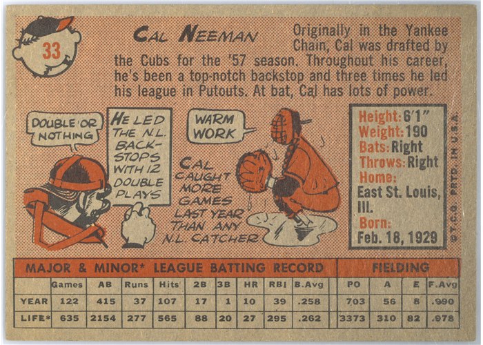 1958 Topps #33 Cal Neeman, Chicago Cubs card back