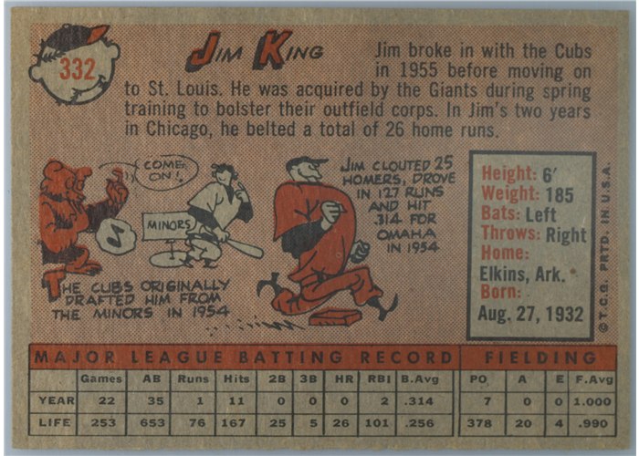 1958 Topps #332 Jim King, San Francisco Giants card back