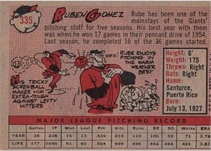 1958 Topps #335 Ruben Gomez, San Francisco Giants card back