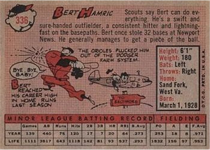 1958 Topps #336 Bert Hamric, Baltimore Orioles card back