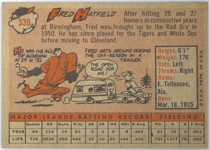 1958 Topps #339 Fred Hatfield, Cleveland Indians card back