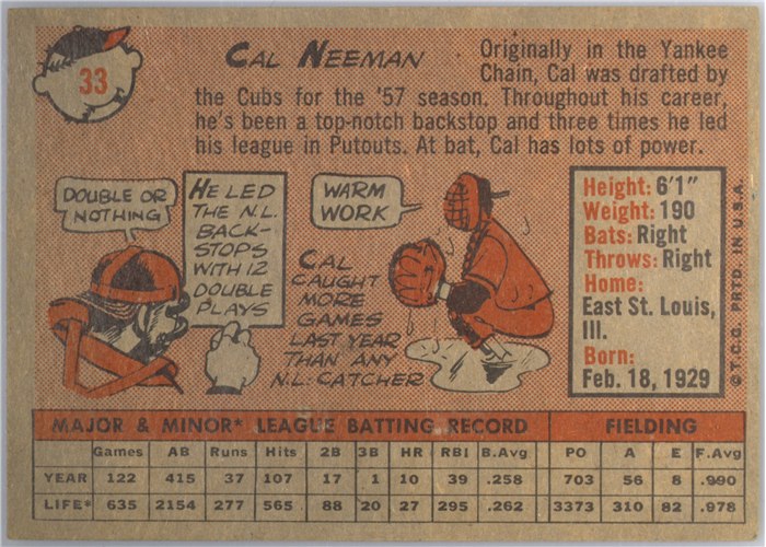 1958 Topps #33B Cal Neeman, Chicago Cubs, Yellow Team variation card back