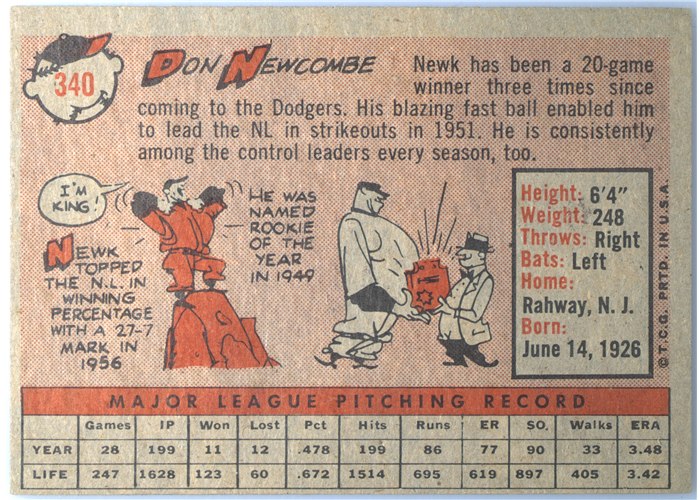 1958 Topps #340 Don Newcombe, Los Angeles Dodgers card back