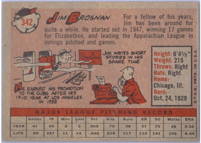 1958 Topps #342 Jim Brosnan, Chicago Cubs card back