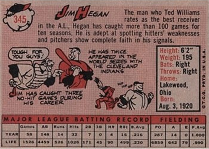 1958 Topps #345 Jim Hegan, Detroit Tigers card back