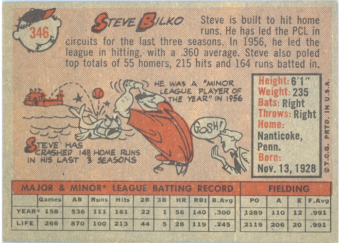 1958 Topps #346 Steve Bilko, Cincinnati Reds card back