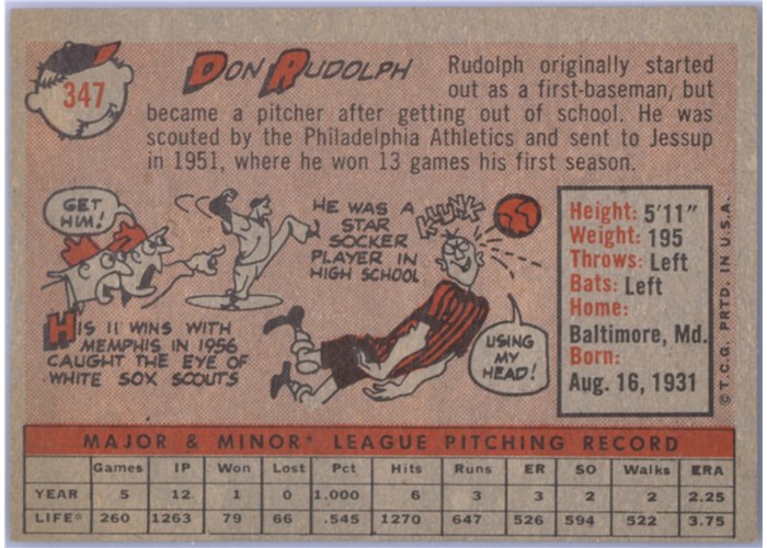 1958 Topps #347 Don Rudolph, Chicago White Sox card back