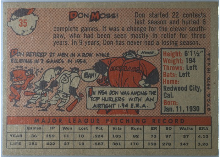 1958 Topps #35 Don Mossi, Cleveland Indians card back