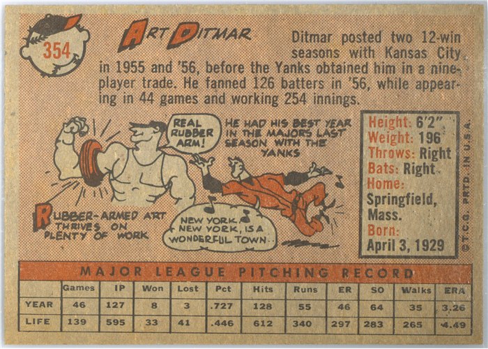 1958 Topps #354 Art Ditmar, New York Yankees card back