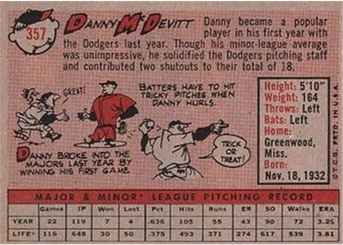 1958 Topps #357 Danny McDevitt, Los Angeles Dodgers card back