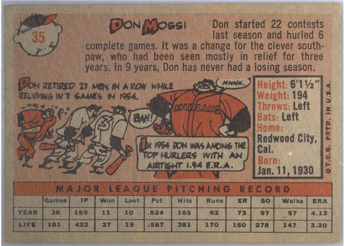 1958 Topps #35B Don Mossi, Cleveland Indians, Yellow Team variation card back