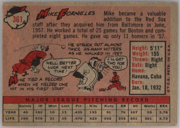 1958 Topps #361 Mike Fornieles, Boston Red Sox card back