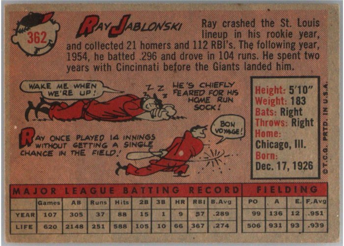 1958 Topps #362 Ray Jablonski, San Francisco Giants card back