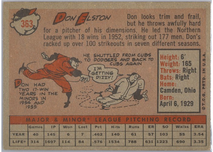 1958 Topps #363 Don Elston, Chicago Cubs card back
