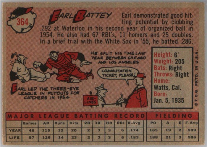 1958 Topps #364 Earl Battey, Chicago White Sox card back