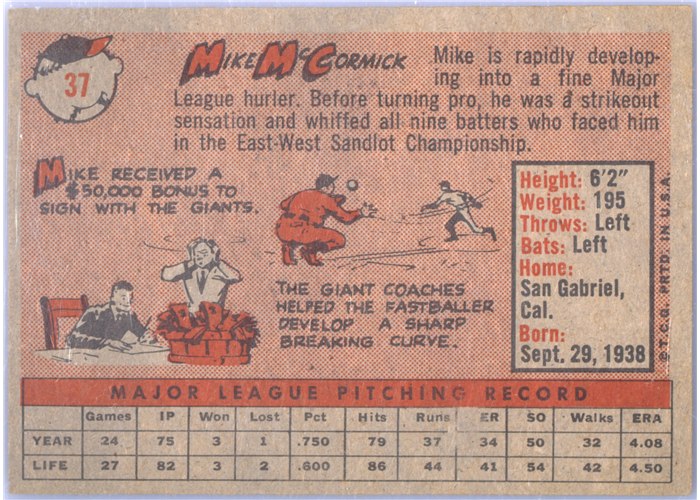 1958 Topps #37 Mike McCormick, San Francisco Giants card back