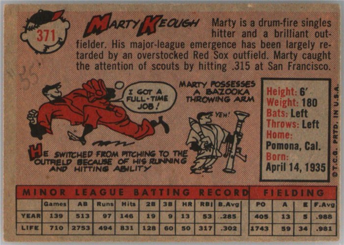 1958 Topps #371 Marty Keough, Boston Red Sox card back