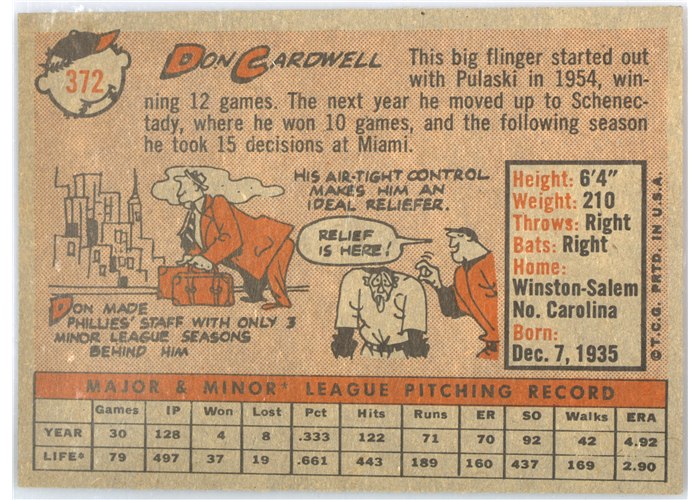 1958 Topps #372 Don Cardwell, Philadelphia Phillies card back