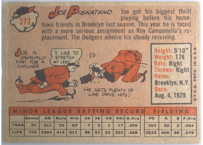 1958 Topps #373 Joe Pignatano, Los Angeles Dodgers card back
