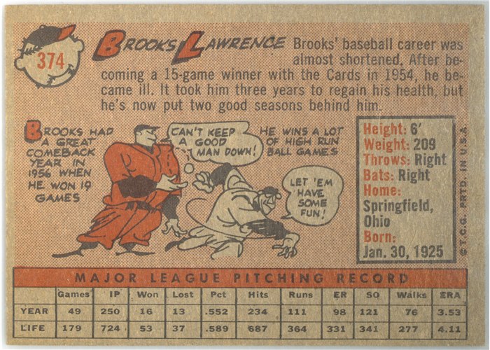 1958 Topps #374 Brooks Lawrence, Cincinnati Reds card back