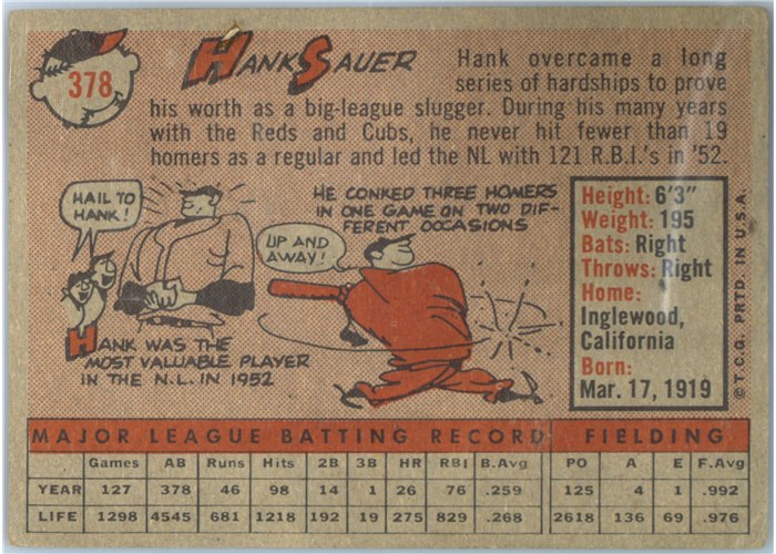 1958 Topps #378 Hank Sauer, San Francisco Giants card back