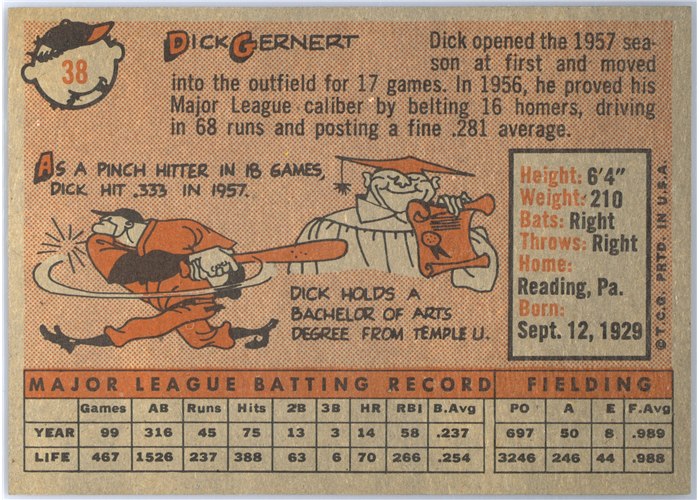 1958 Topps #38 Dick Gernert, Boston Red Sox card back