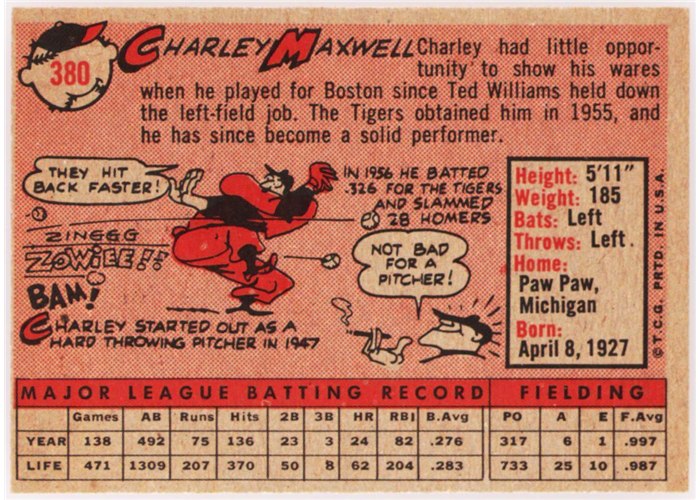 1958 Topps #380 Charlie Maxwell, Detroit Tigers card back