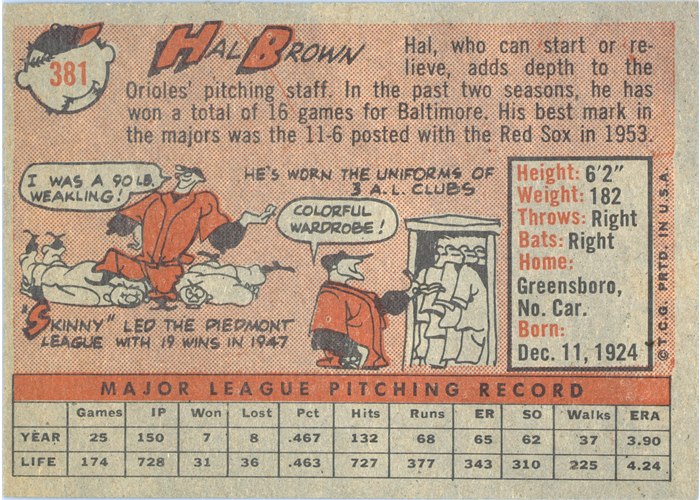 1958 Topps #381 Hal Brown, Baltimore Orioles card back