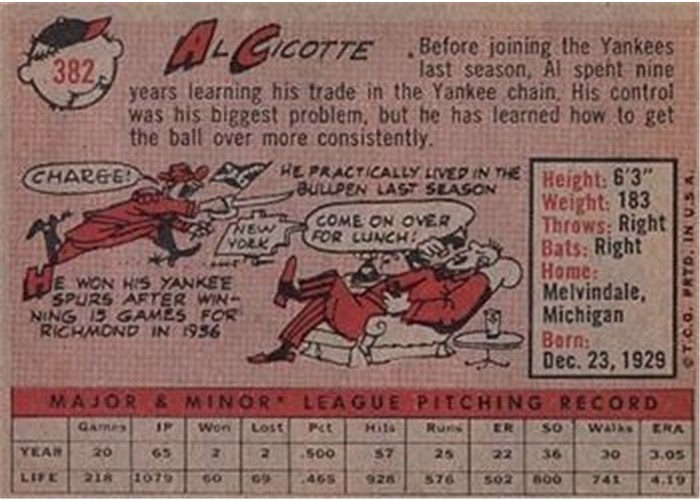1958 Topps #382 Al Cicotte, New York Yankees card back