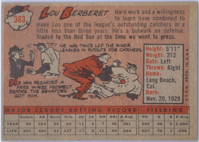1958 Topps #383 Lou Berberet, Boston Red Sox card back