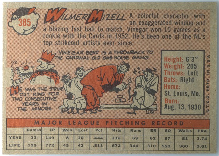 1958 Topps #385 Wilmer Mizell, St. Louis Cardinals card back