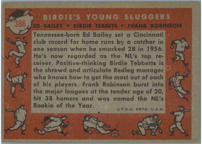 1958 Topps #386 Birdie's Young Sluggers - Ed Bailey / Birdie Tebbetts / Frank Robinson, Cincinnati Reds card back