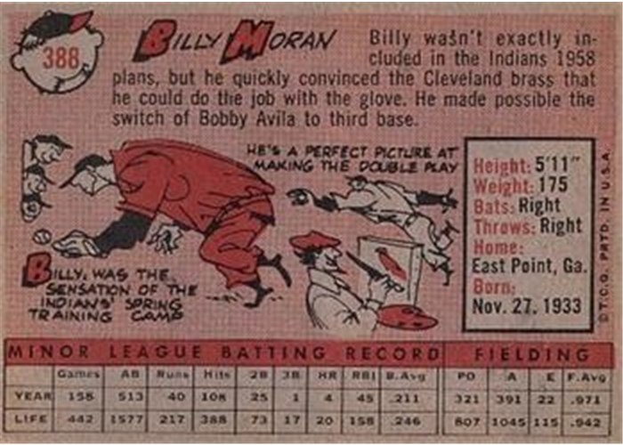 1958 Topps #388 Billy Moran, Cleveland Indians card back