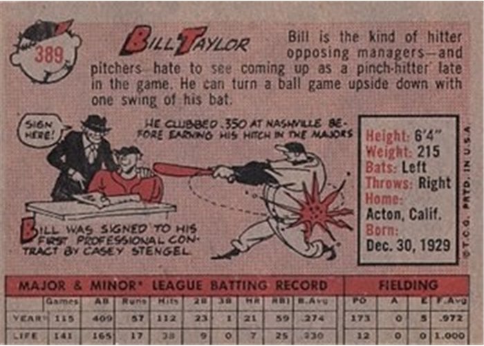 1958 Topps #389 Bill Taylor, Detroit Tigers card back