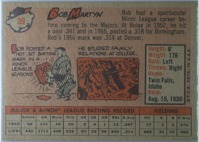 1958 Topps #39 Bob Martyn, Kansas City Athletics card back