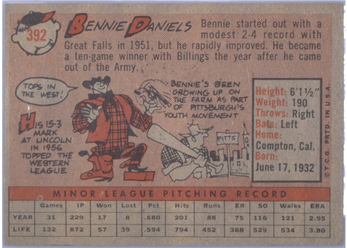 1958 Topps #392 Bennie Daniels, Pittsburgh Pirates card back