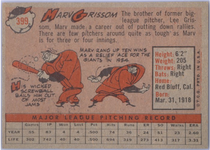1958 Topps #399 Marv Grissom, San Francisco Giants card back