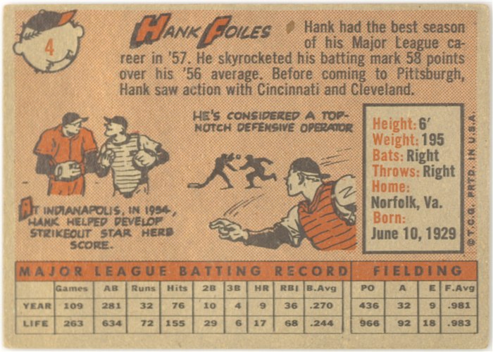 1958 Topps #4 Hank Foiles, Pittsburgh Pirates card back
