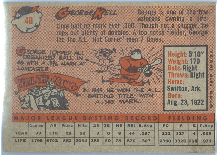 1958 Topps #40 George Kell, Baltimore Orioles card back