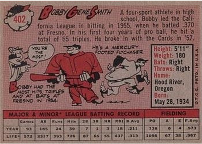 1958 Topps #402 Bobby Gene Smith, St. Louis Cardinals card back