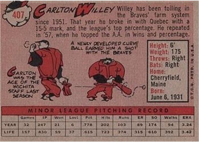 1958 Topps #407 Carl Willey, Milwaukee Braves card back