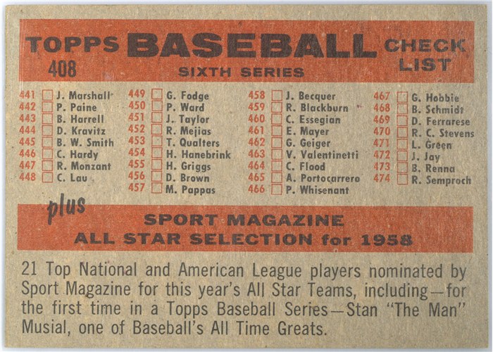 1958 Topps #408B Baltimore Orioles Team, Baltimore Orioles, Numerical Back variation card back