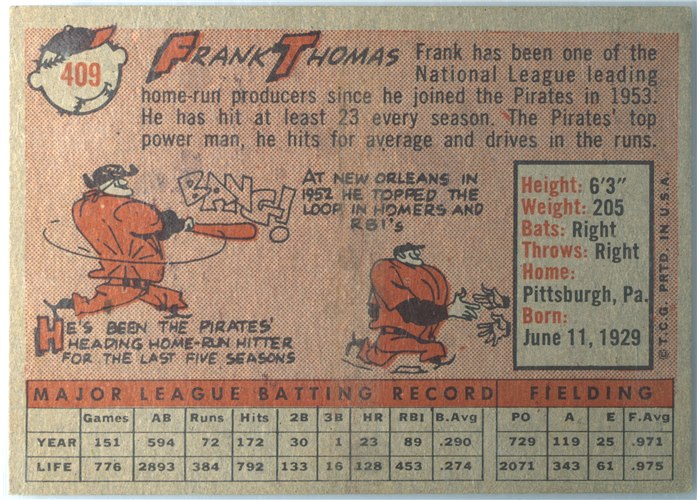 1958 Topps #409 Frank Thomas, Pittsburgh Pirates card back