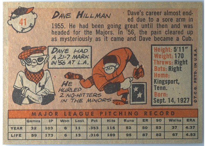1958 Topps #41 Dave Hillman, Chicago Cubs card back