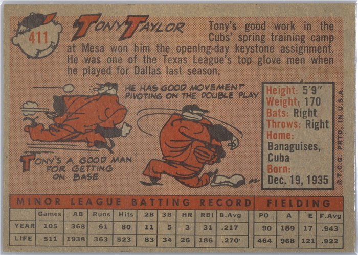 1958 Topps #411 Tony Taylor, Chicago Cubs card back