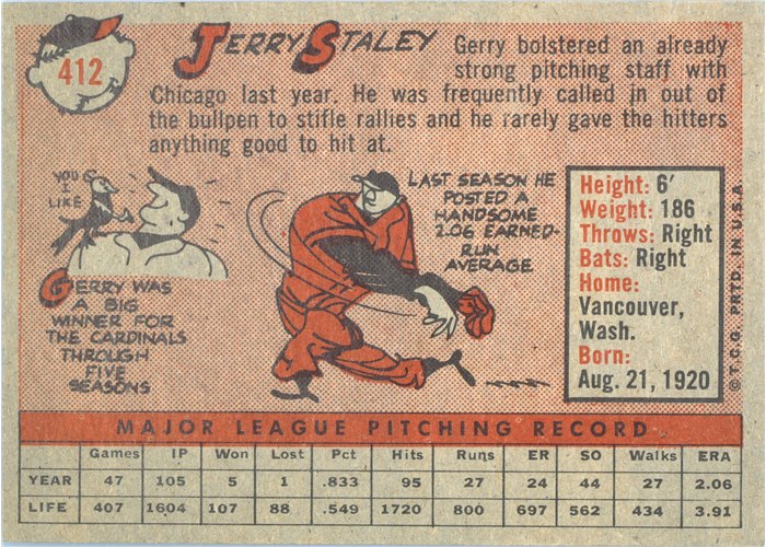 1958 Topps #412 Jerry Staley, Chicago White Sox card back